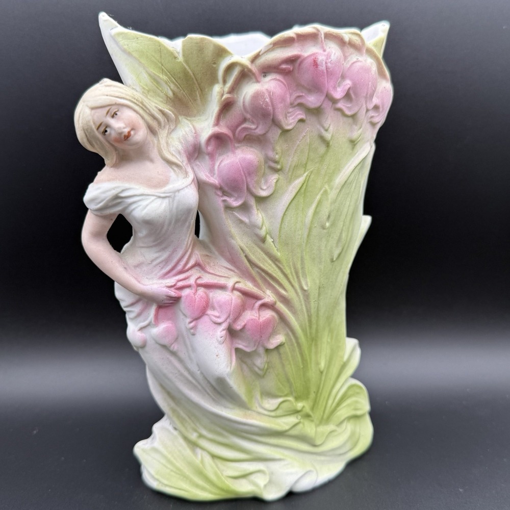 Antique Gebrüder Heubach Art Nouveau Bisque Porcelain Lady Floral Vase 9975